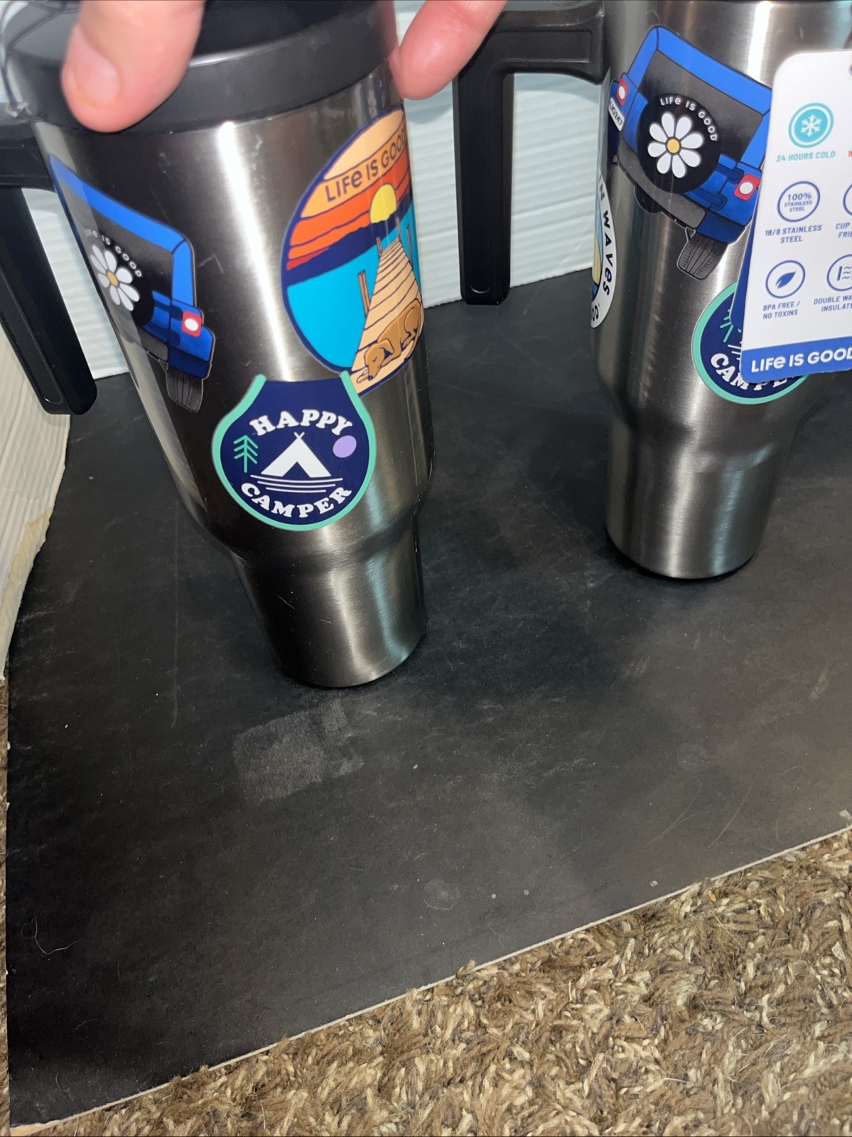 Lot Of 2 Life is Good Stainless Steel w/Handle 40 oz Bumper Sticker Design NEW