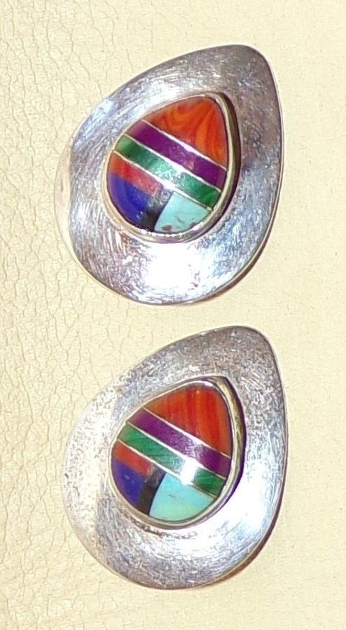 Navajo sterling silver & multi-stone inlay shield clip on earrings by Ella Peter