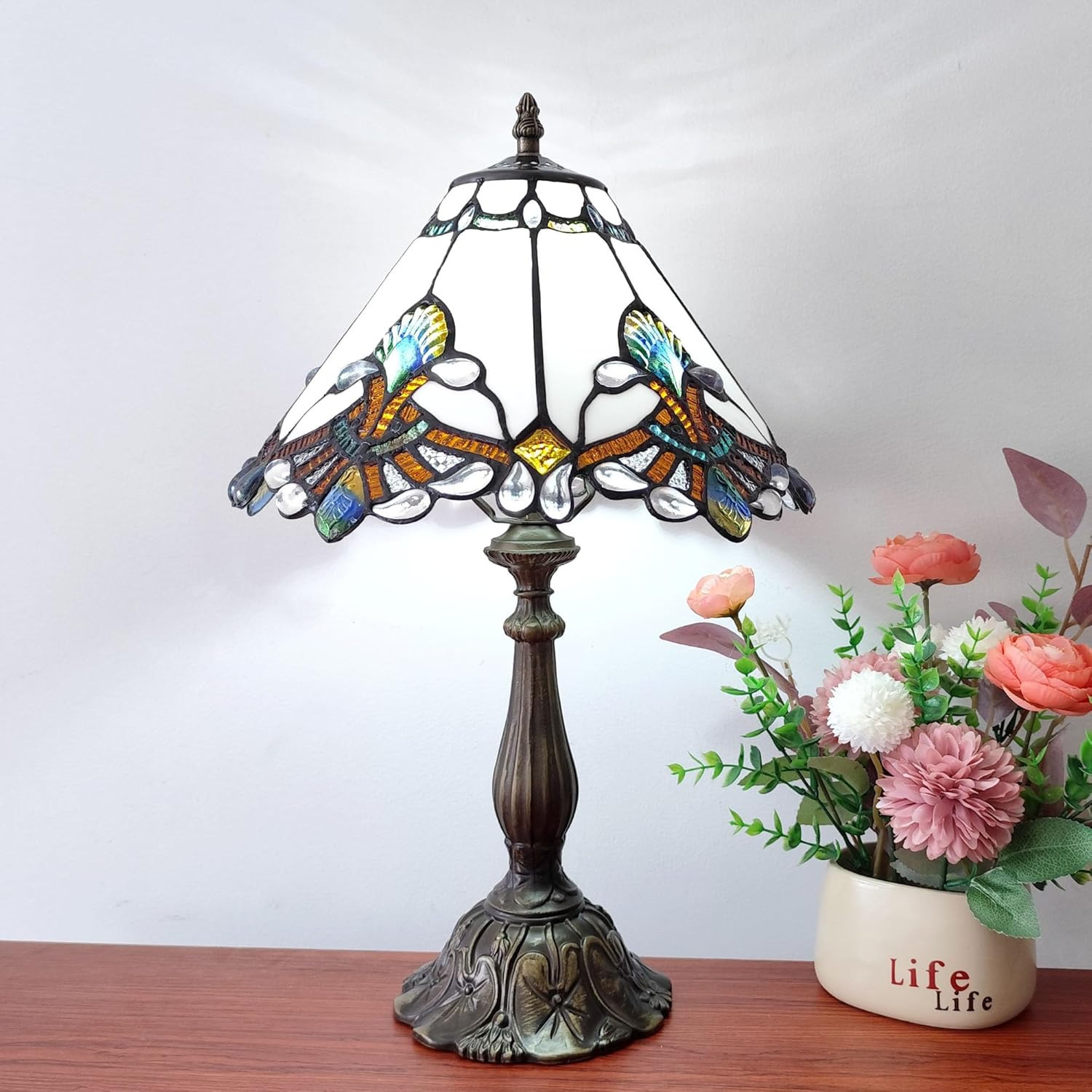 Vintage Tiffany Baroque Stained Glass Table Lamp with Bulb – 3-Way Light
