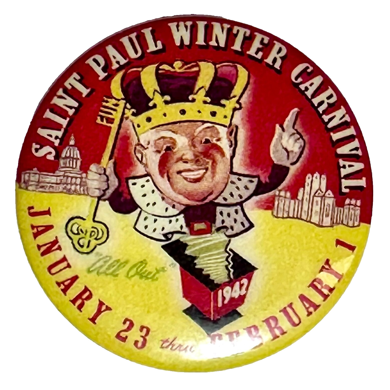 1942 St Paul Winter Carnival All Out Jack in the Box 1.75″ Celluloid Pinback