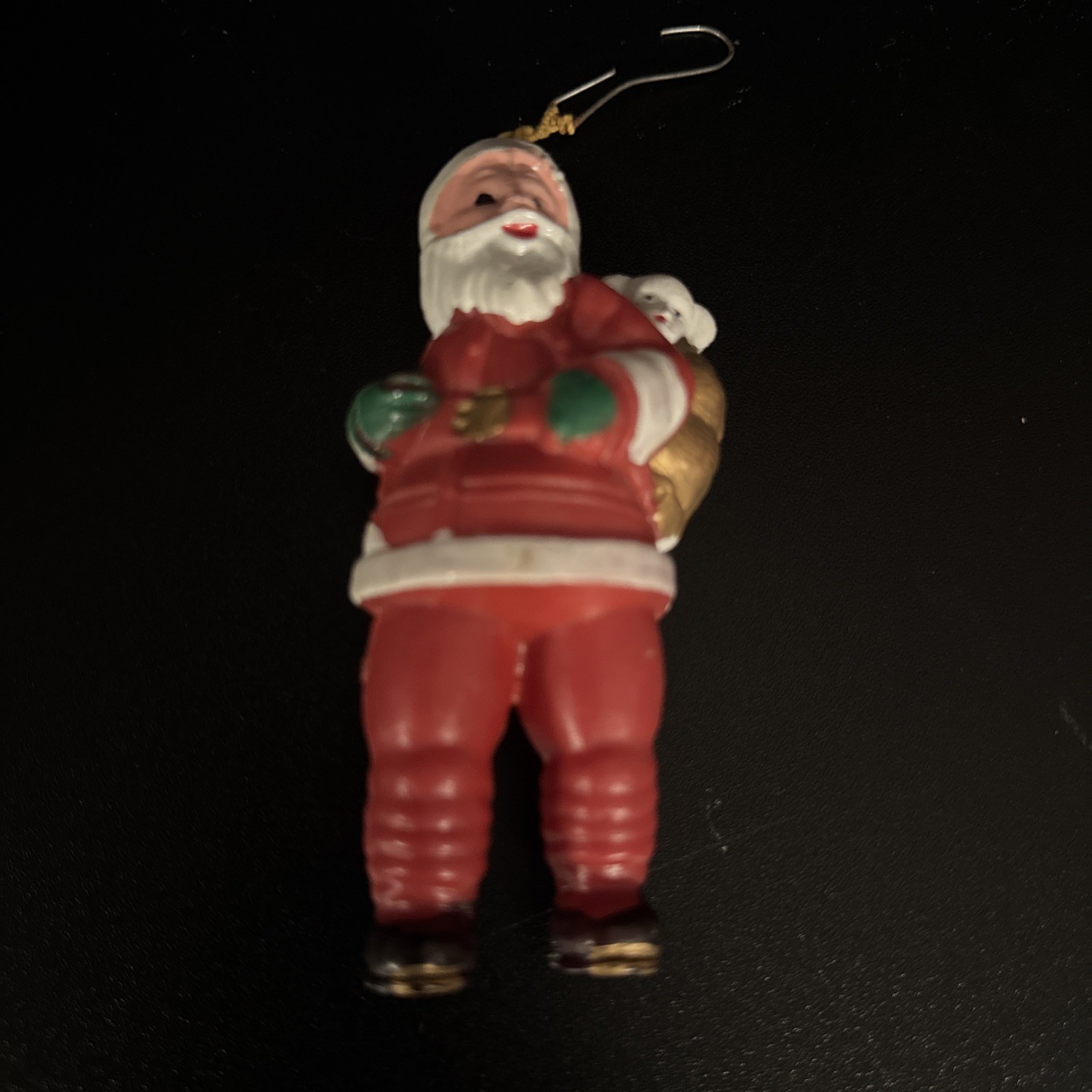 Vintage MCM Santa Claus Standing W/ Sack Dog Hard Plastic Celluloid Ornament 4″