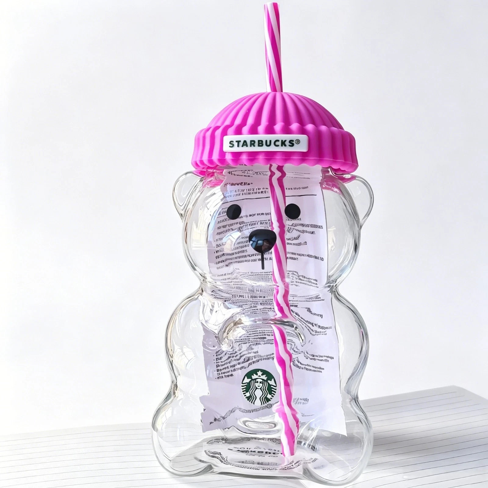 Starbucks Bearista Rose Red Bear Glass Tumbler Cold Cup w/ Straw 20oz 591ml