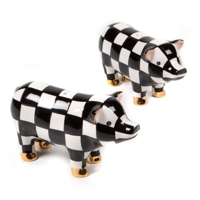 Mackenzie Childs Checked Pigs Salt Pepper Set Ceramic Gold Lustre 4.25″ x 2.25″