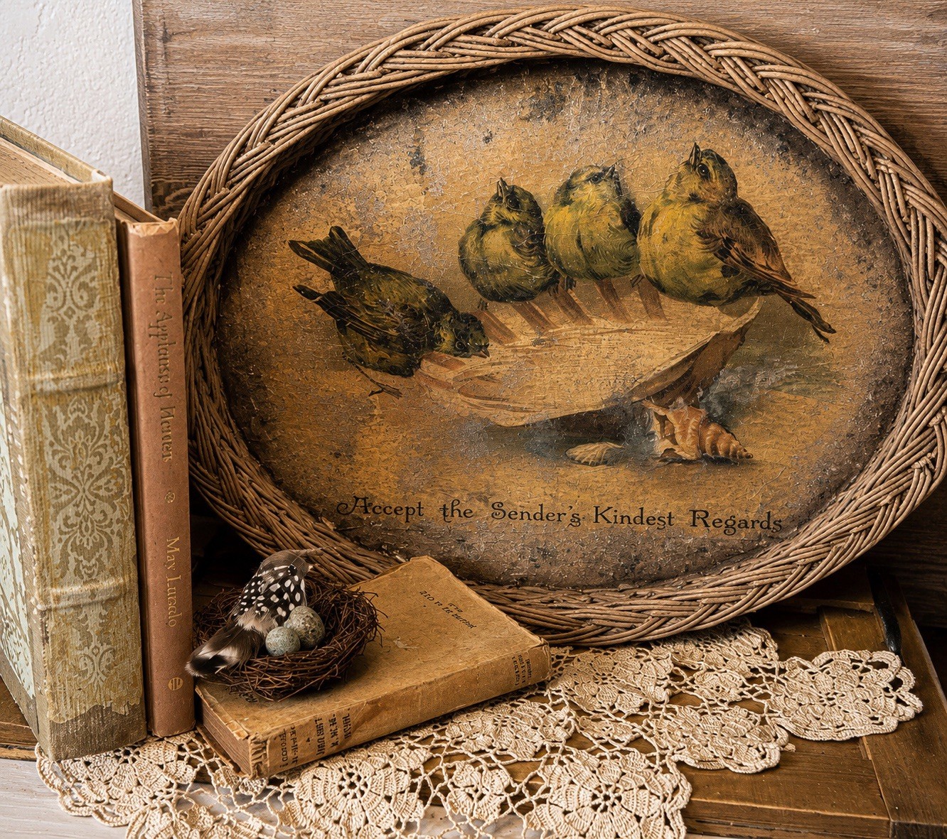 Vtg Cottage Bird Tray Wall Decor Wicker Birds & Shell French Country Farmhouse
