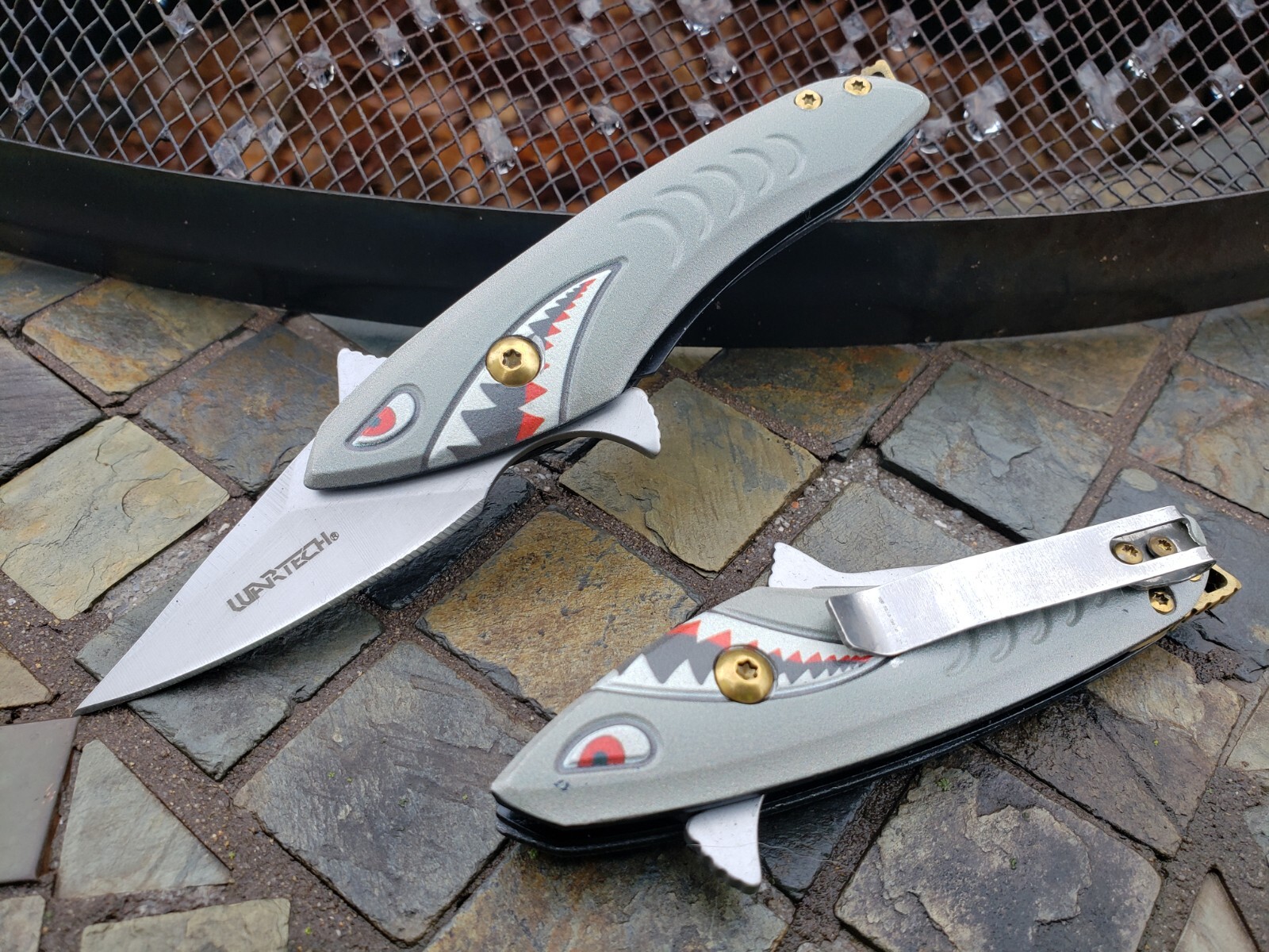 Small Silver Gray Gold Shark Bomb Spring Assisted Pocket Knife EDC Guys Ladies