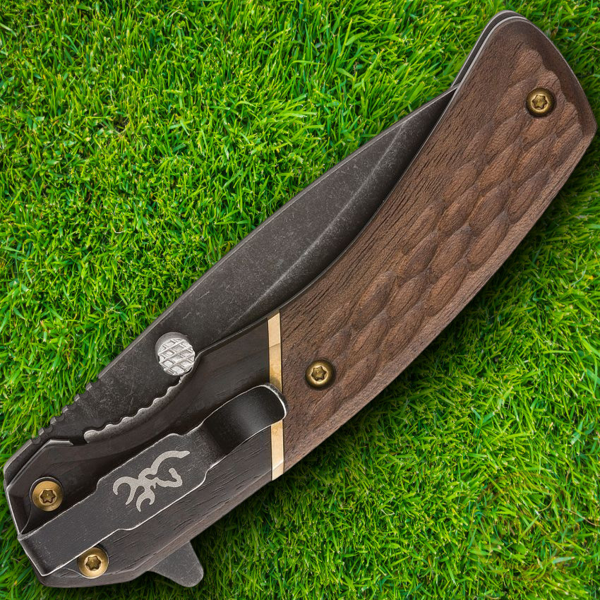 Browning Hunter Folding Knife 2.88″ Black Stonewash 440C Steel Blade Wood Handle