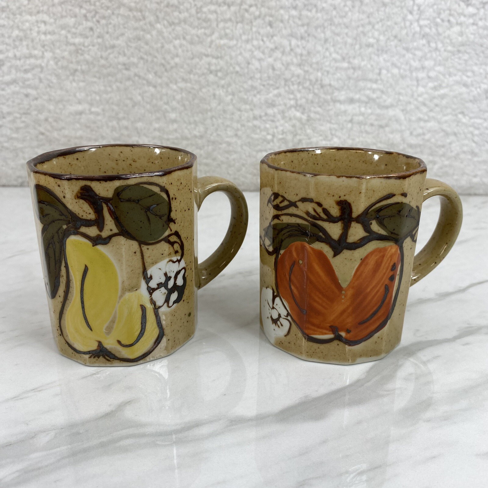2 VTG Light Tan Speckled Ceramic Japan Mugs Fruit Pear Orange Hand Painted