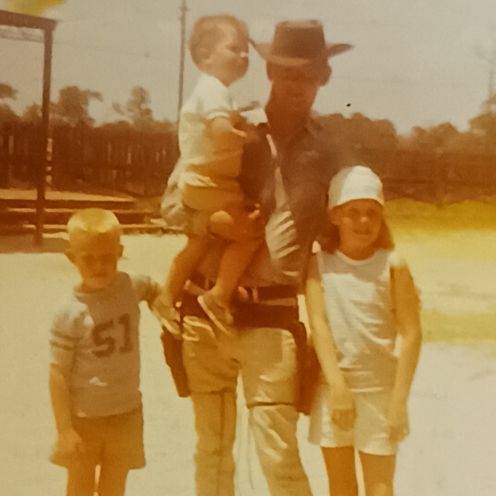 1950s Cowboy Photo Gun Pistol Totin Dad Children Posing Cowboy Hat Sons Daughter