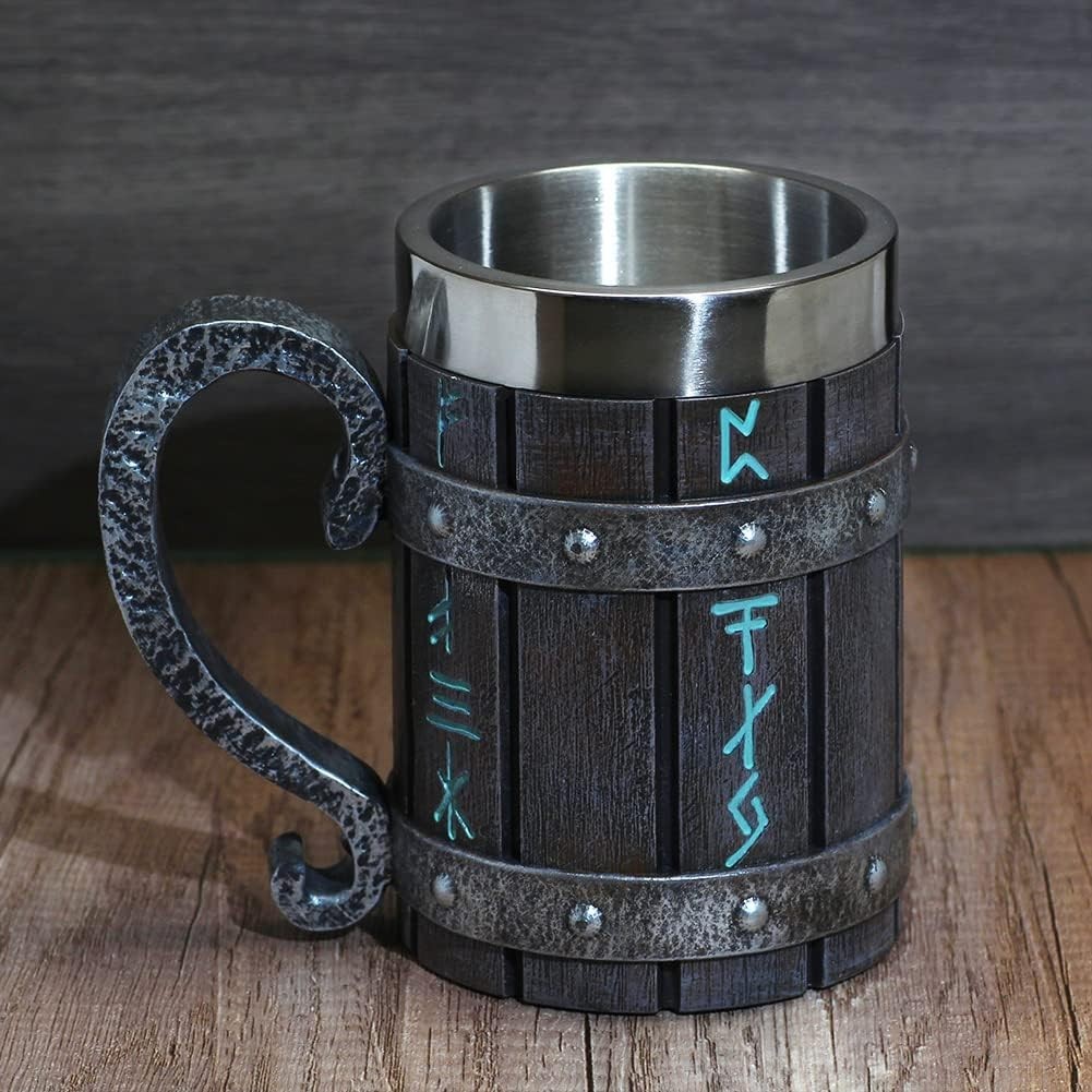 Unique Viking Rune Mug – 13oz Retro Wooden and Stainless Steel Beer Tankard Gift