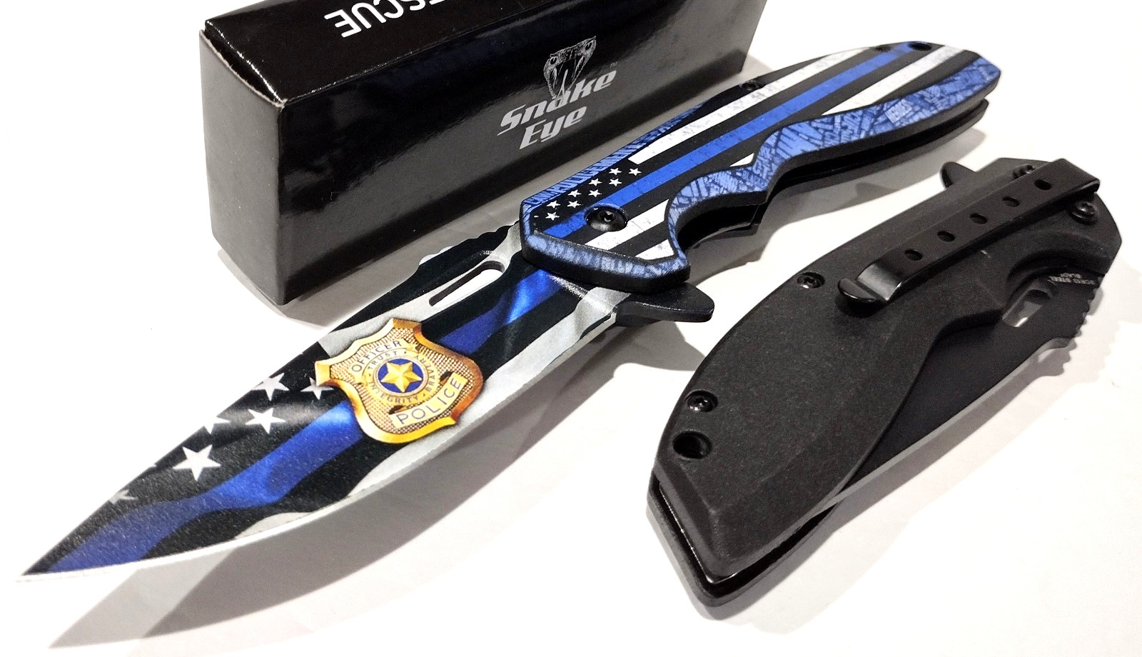 Police Black Blue Tactical Spring Open Assisted Folding Pocket Knife EDC