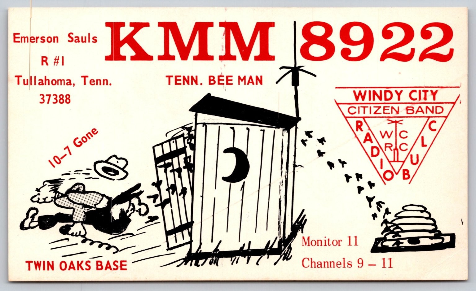 Humorous CB Radio QSL Postcard KMM 8922 Tullahoma Tenn Bee Man Outhouse Art C2