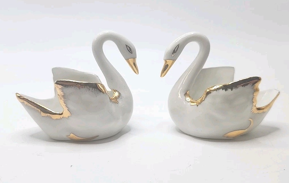 Antique Limoges Pair Of Porcelain Swans Trinket/Salt Cellars W/Gold Trim 2.5″
