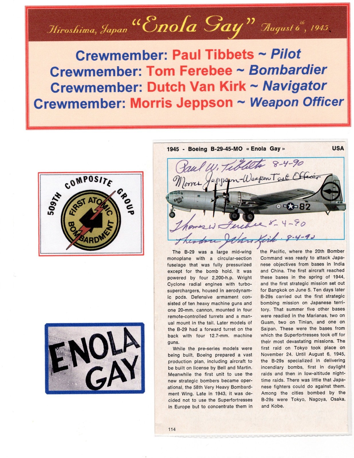 Atomic Bomb Enola Gay: Unique Boeing B-29 Printout Signed by Tibbets, Ferebee +2