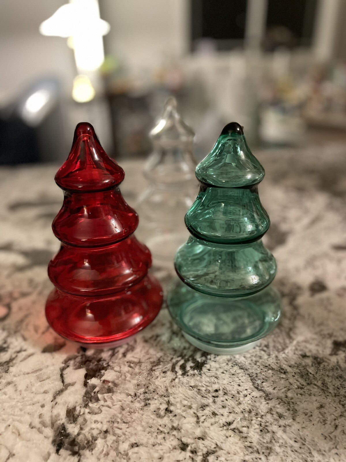 Trio of Apothecary Jars~Glass Christmas Trees~Clear, Green & Red~All 7” Tall