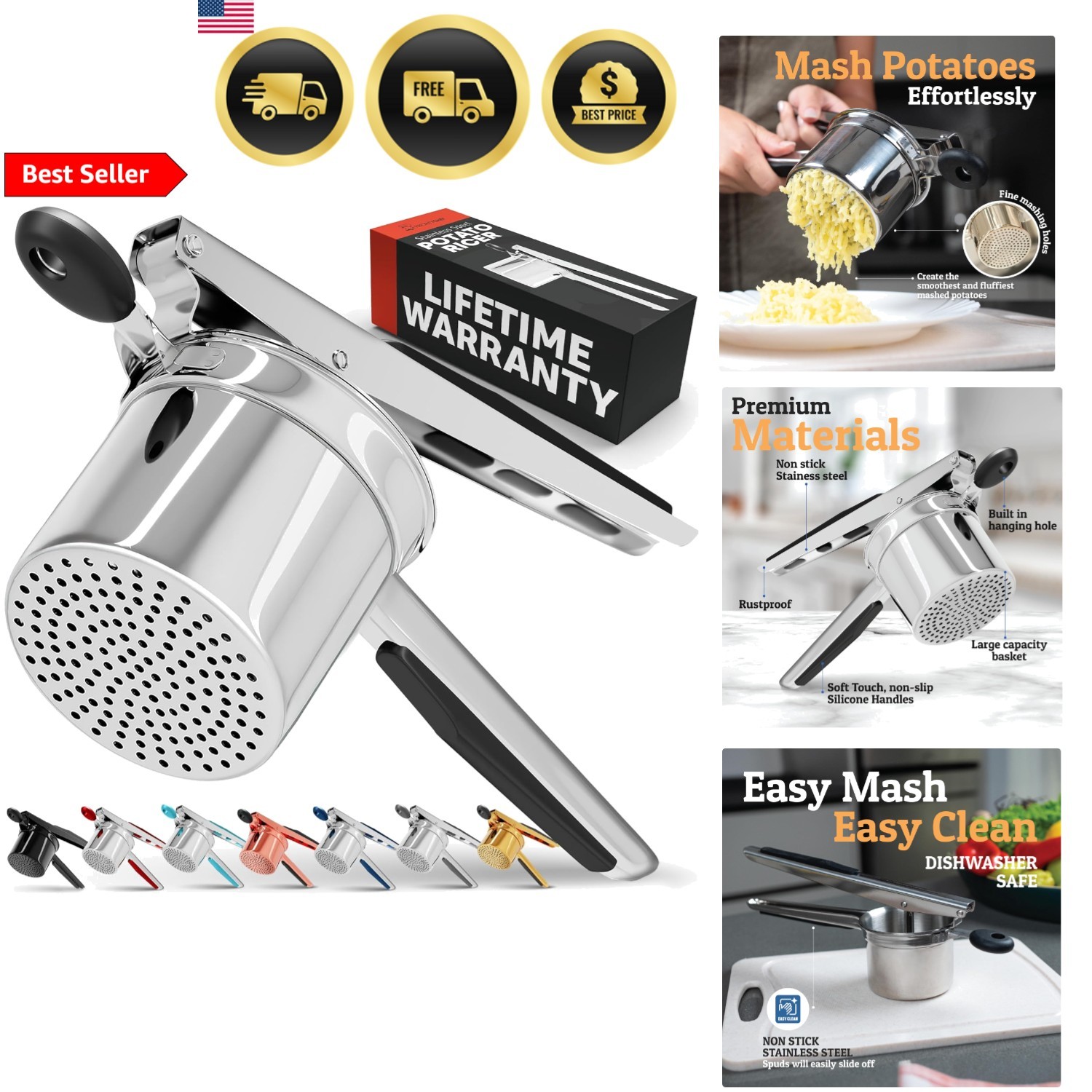 Potato Ricer Masher Stainless Steel Heavy Duty Kitchen Tool Large 15oz