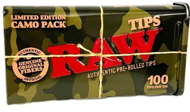 RAW PRE-ROLLED CAMO TIPS Filter Tips 100 Count Tin Case *Great Price* USA SHPD