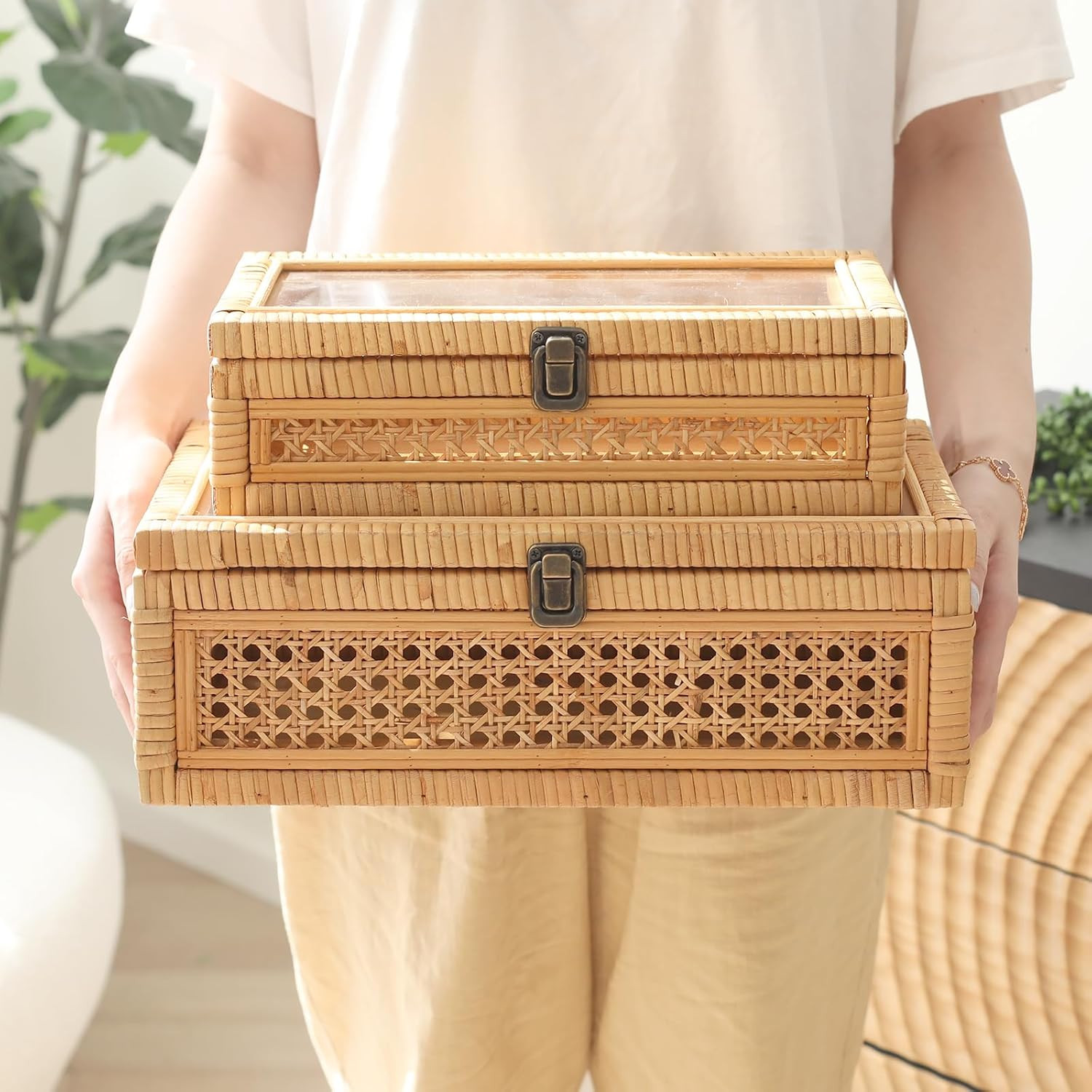 Boho Rattan Stacking Boxes with Glass Lids – Set of 2 for Rustic Decor