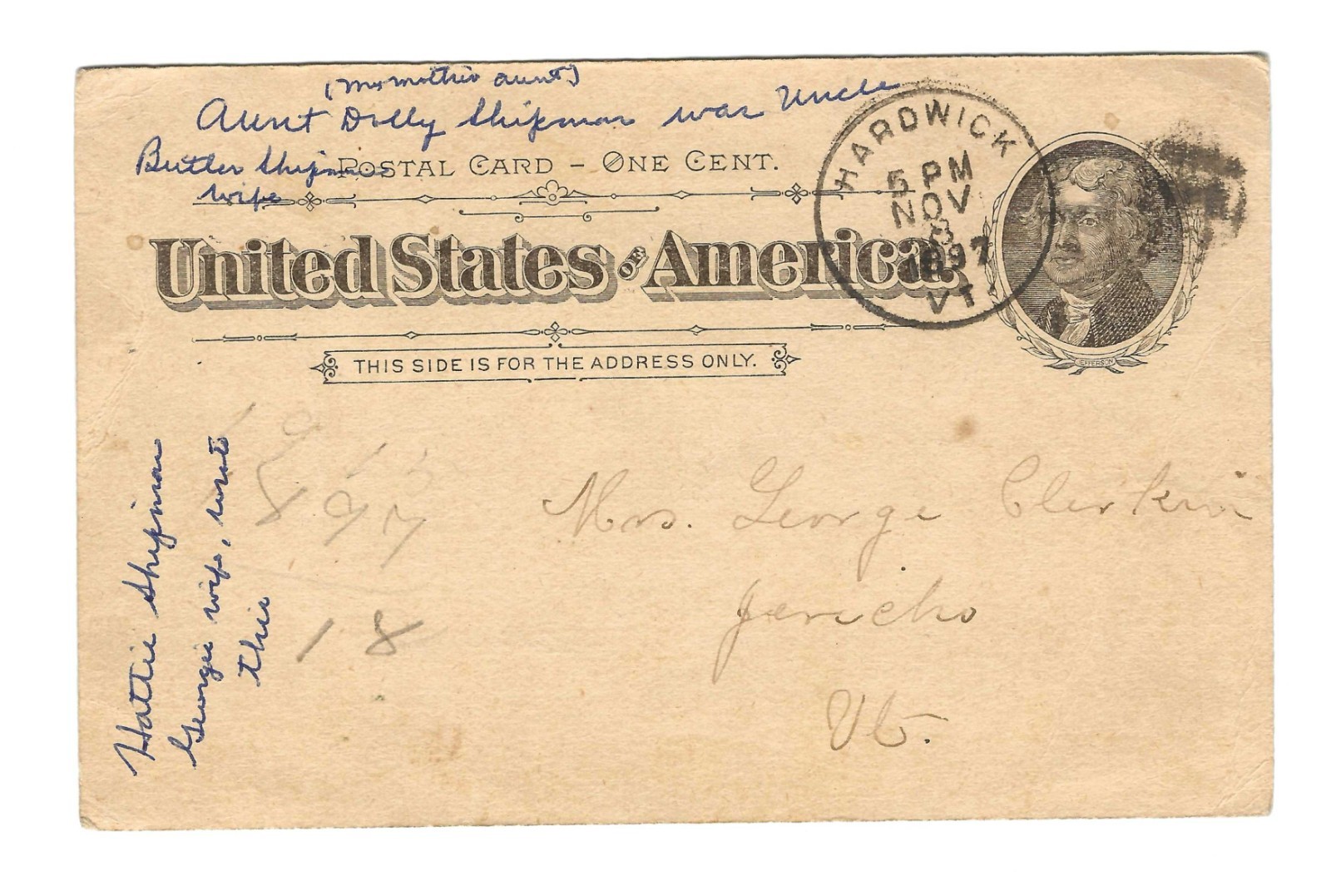 United States of America 1897 postal card Jefferson 1 cent stamp Undivided back