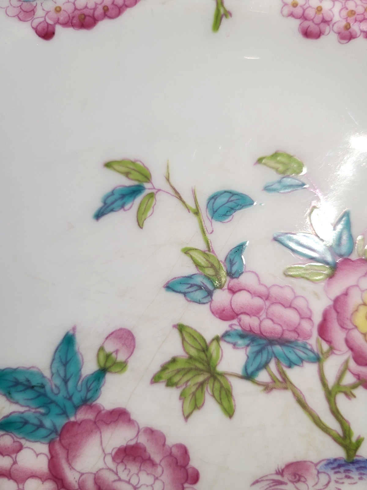 Antique Minton Cuckoo floral pattern scalloped edge dinner plate, MARKING
