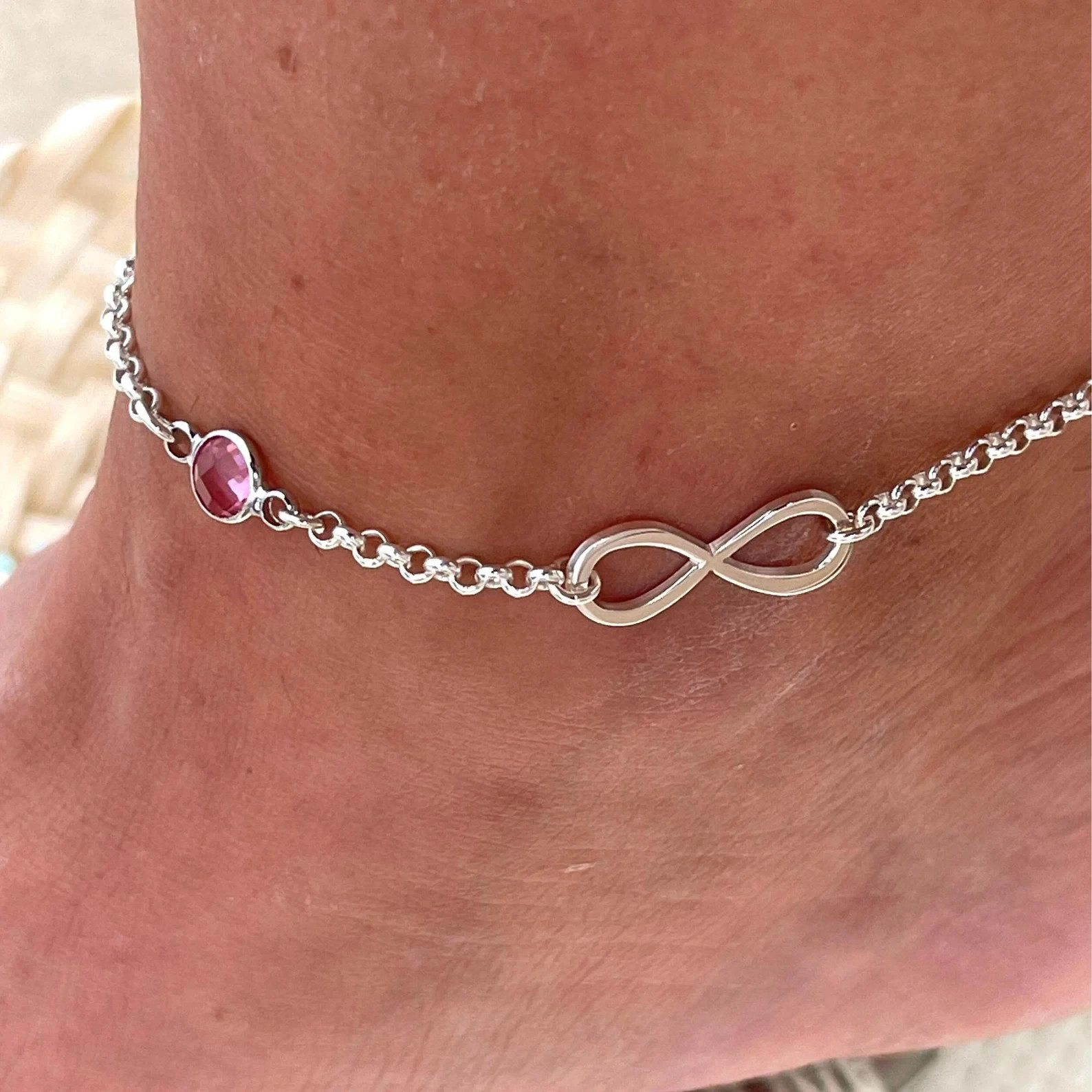 14K White Gold Over Infinity Ruby Birthstone Anklet For Women 10″ Summer Jewelry