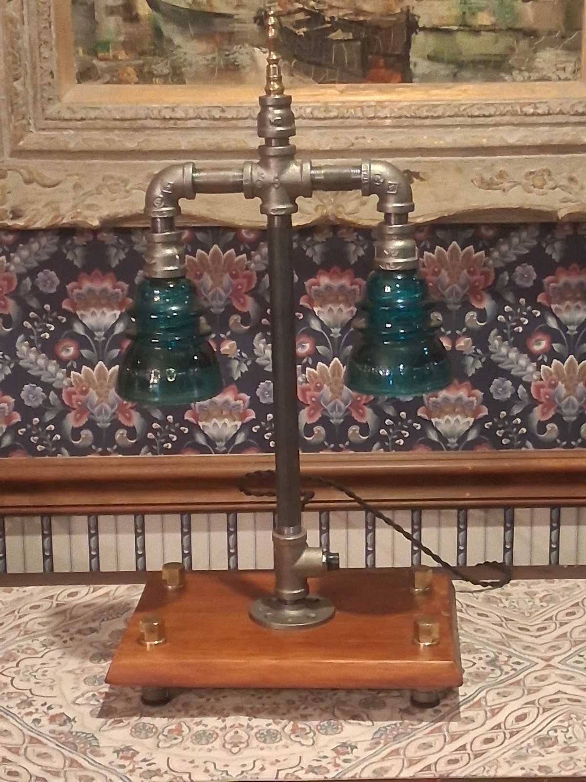 Black Pipe And Glass Insulator Table Lamp