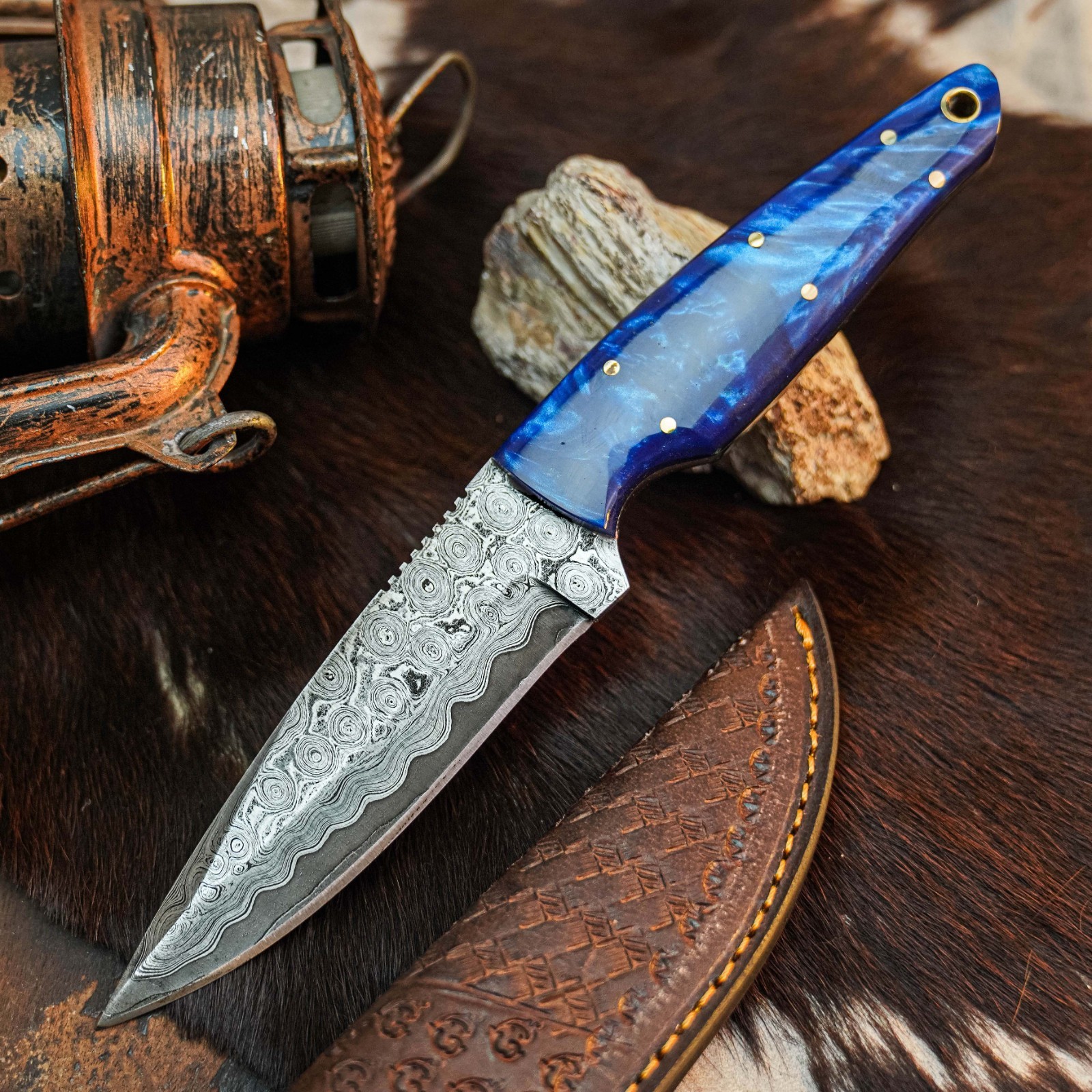 8.7″ Hunting EDC Damascus Knife Handmade Full Tang Resin Handle Leather Sheath