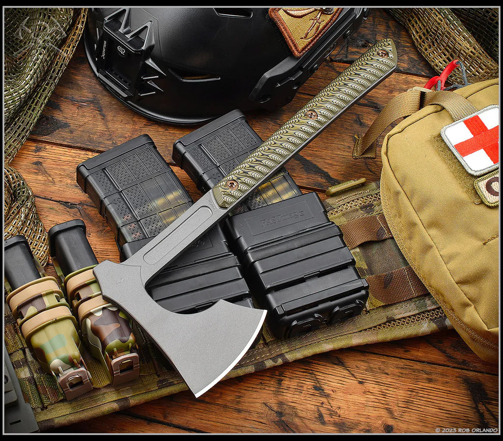 RMJ Tactical Raven Axe Tungsten Gray Cerakote Finish w/ G-10 Handle and Sheath