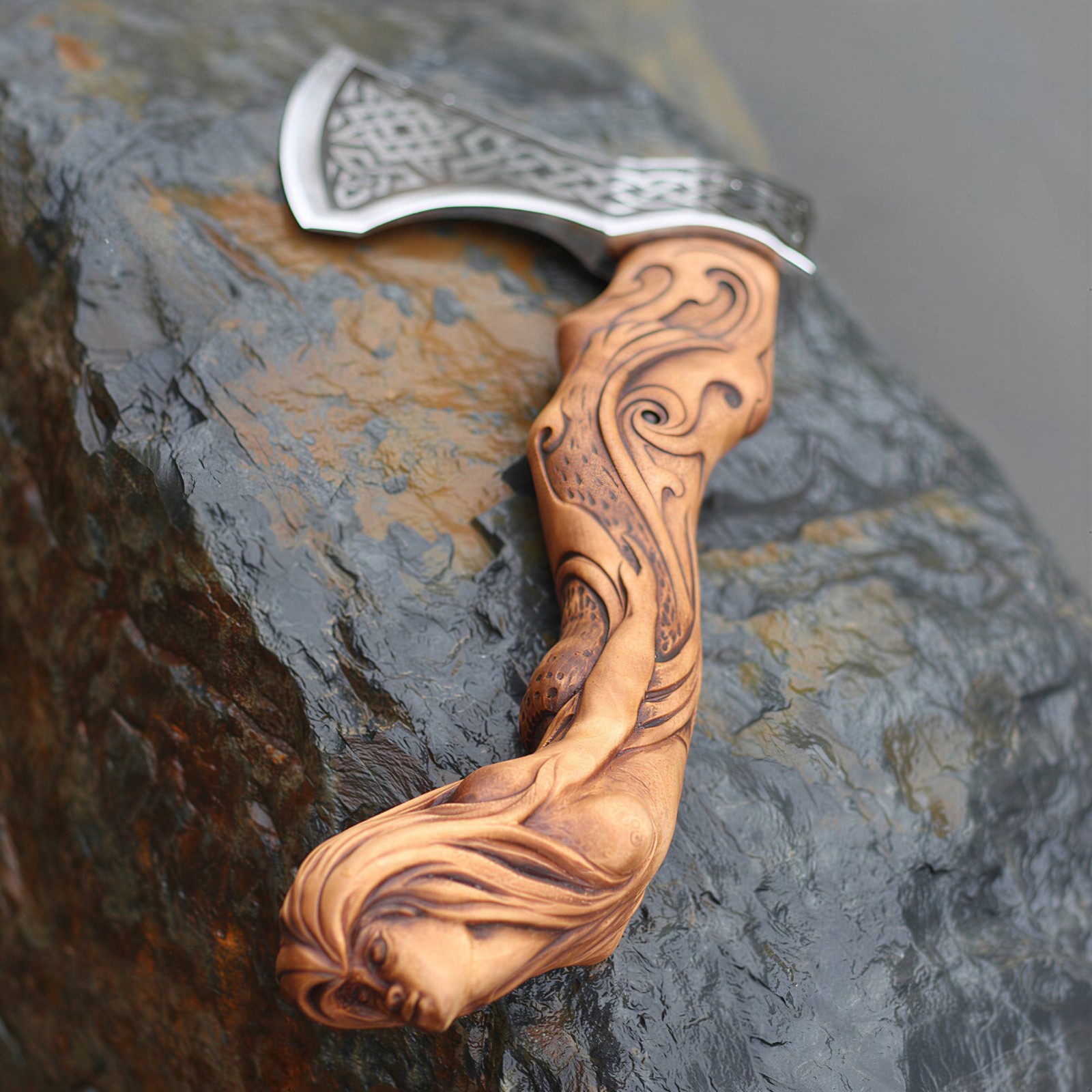 Custom Handmade Carbon Steel Viking Style Mermaid Handle Sculpture Axe