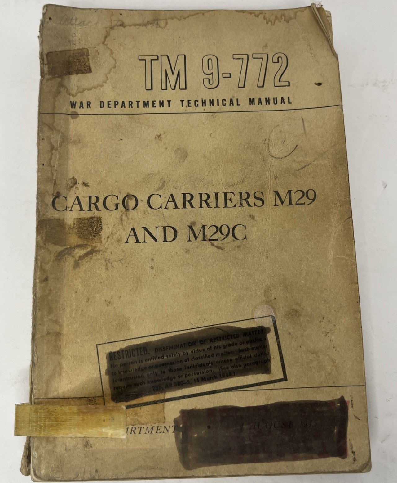 VTG WW11 War Department TM 9-772 Carriers M29-M29C Weasel Technical Manual 1945