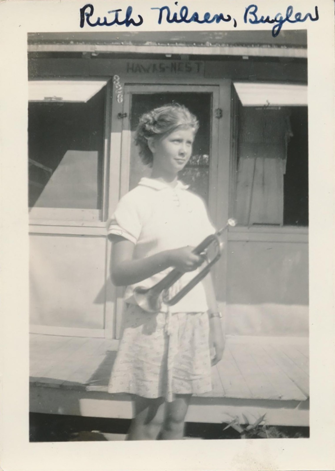 Snapshot Vintage Photo ID’d Young Girl Teen Ruth Nilsen Bugle Musician Camping?