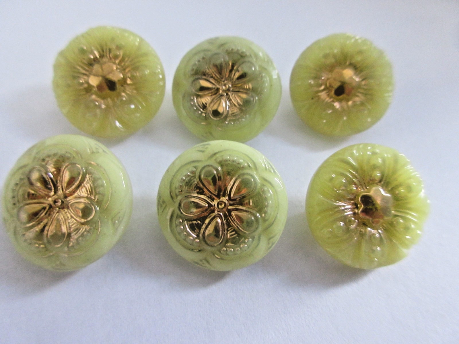6 Magnificent Czech Vintage Style Glass Buttons Yellow with Gold Accents…