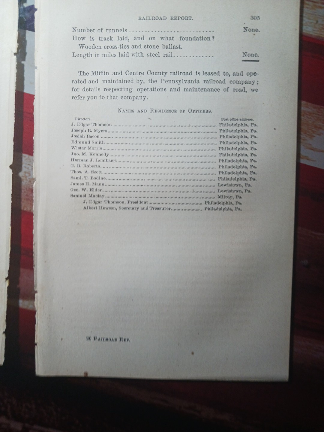 1872 train report MIFFLIN & CENTRE COUNTY RAILROAD Lewistown Milroy Pennsylvania