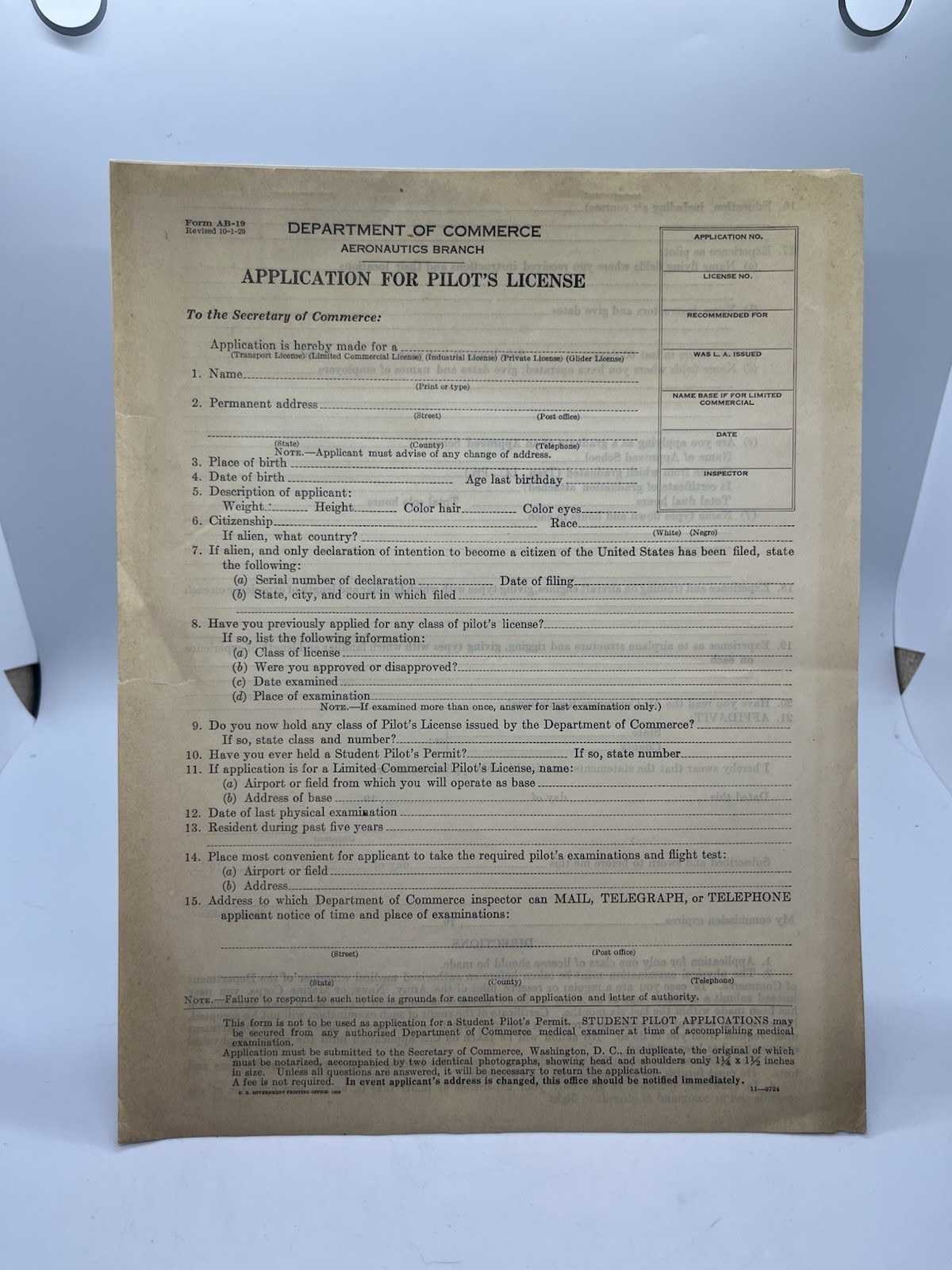 Department Of Commerce Application For Pilots License 1929 Rare!