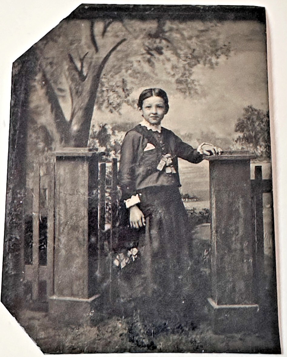 Antique Tintype Child Full Length Studio Fence Landscape Portrait 2.5×3.5in