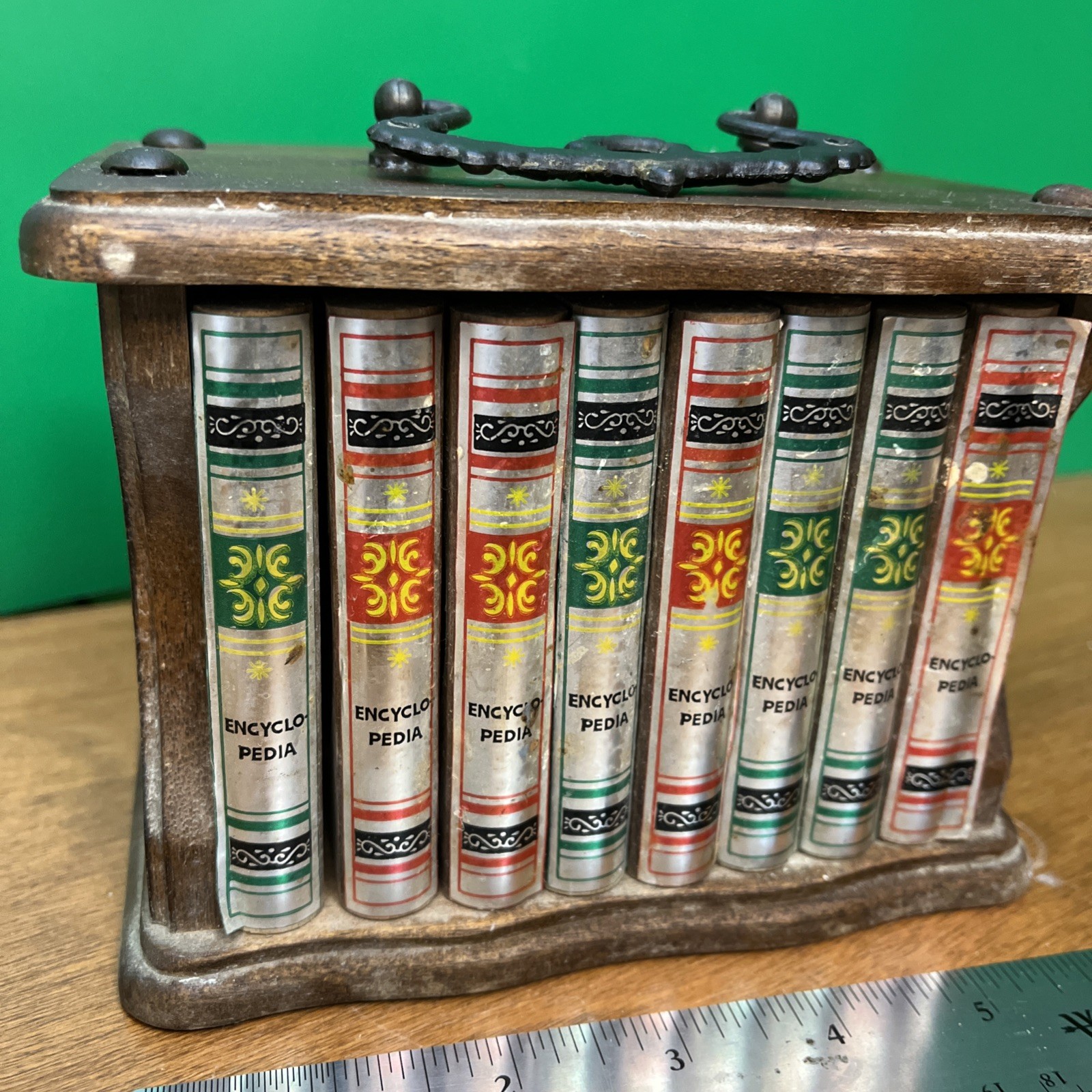 Vintage Faux Book Wood Decor Encyclopedia Barware Square Glass Coasters Cased 8