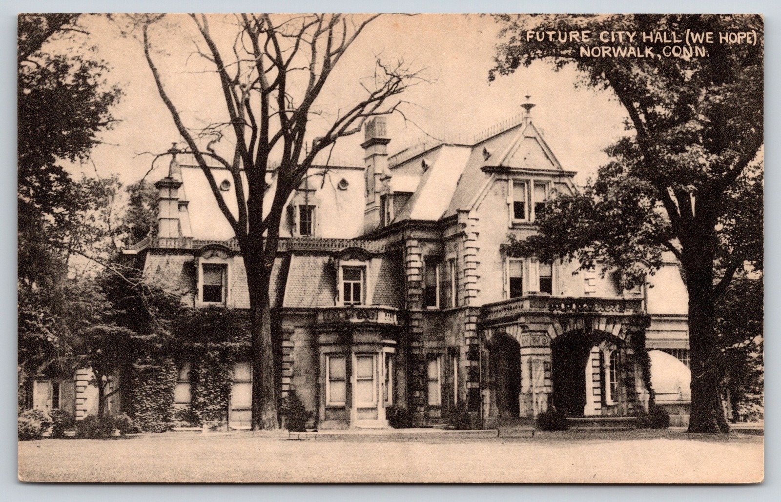 Norwalk Connecticut~Future City Hall Bldg~Portico~2nd Empire~1940s B&W Postcard