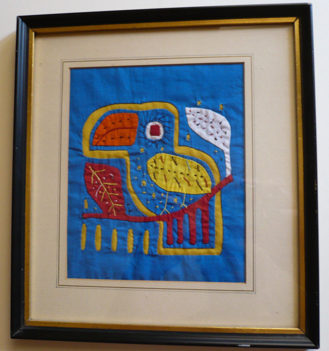 TOUCAN BIRD TEXTILE CLOTH ART, CUNA, SAN BLAS ISLANDS, PANAMA 1970s VINTAGE 70S