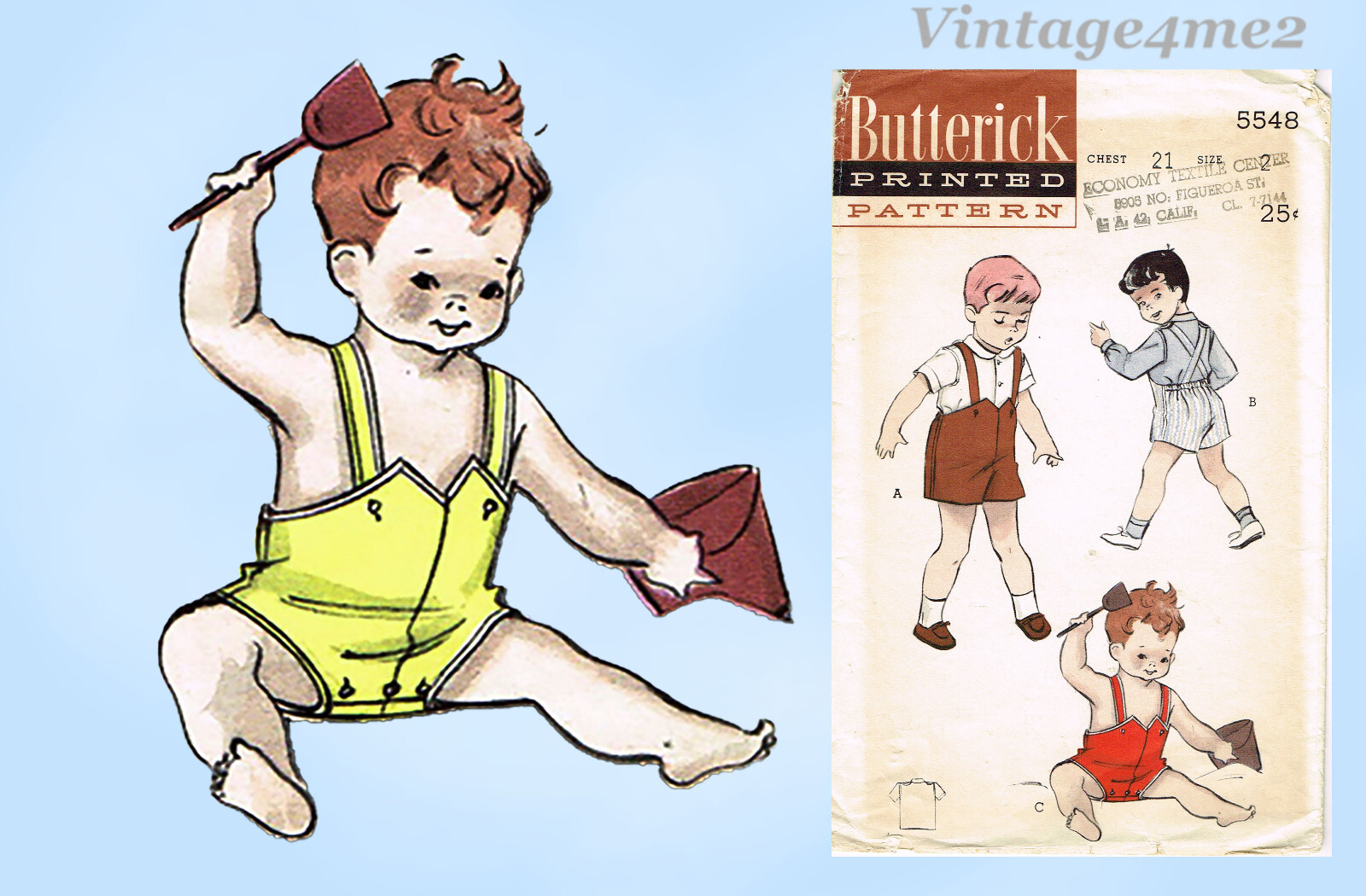 1950s Vintage Butterick Sewing Pattern 5548 Uncut Baby Boys Romper & Shirt Sz 2