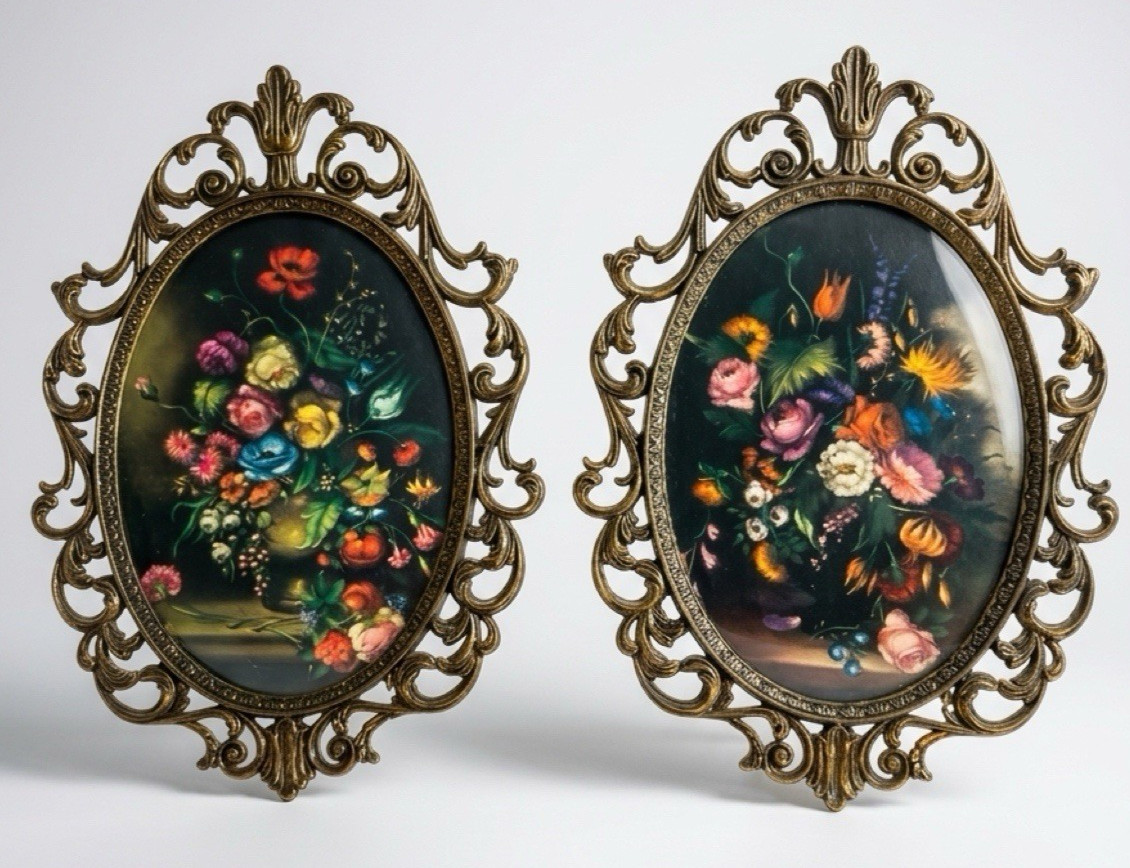 2 Vintage 10″ Oval Brass Frame Floral Picture Bubble Convex Glass, Made in Italy