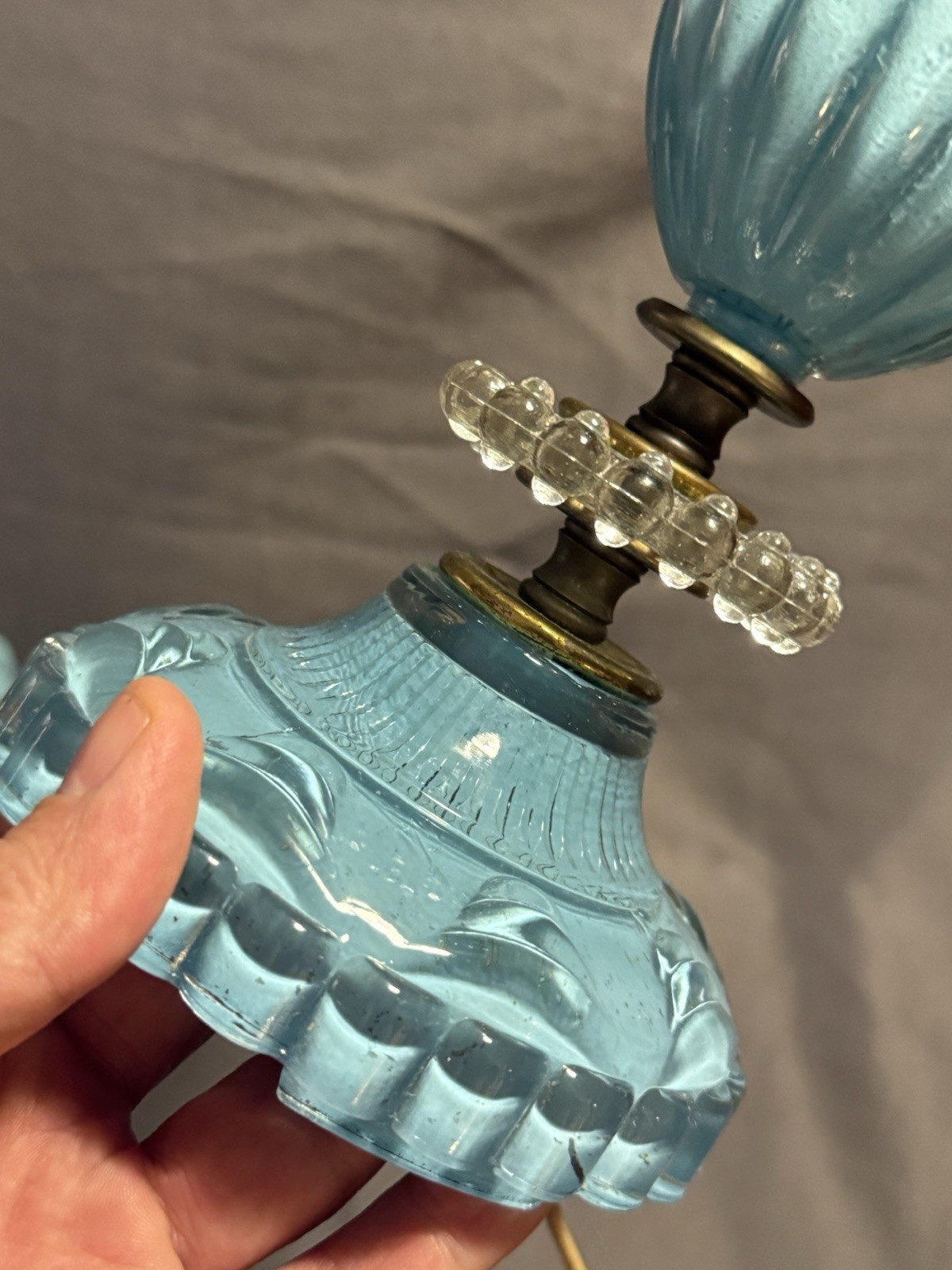 PAIR Vintage Lightning Light Blue & Clear Glass Lamps
