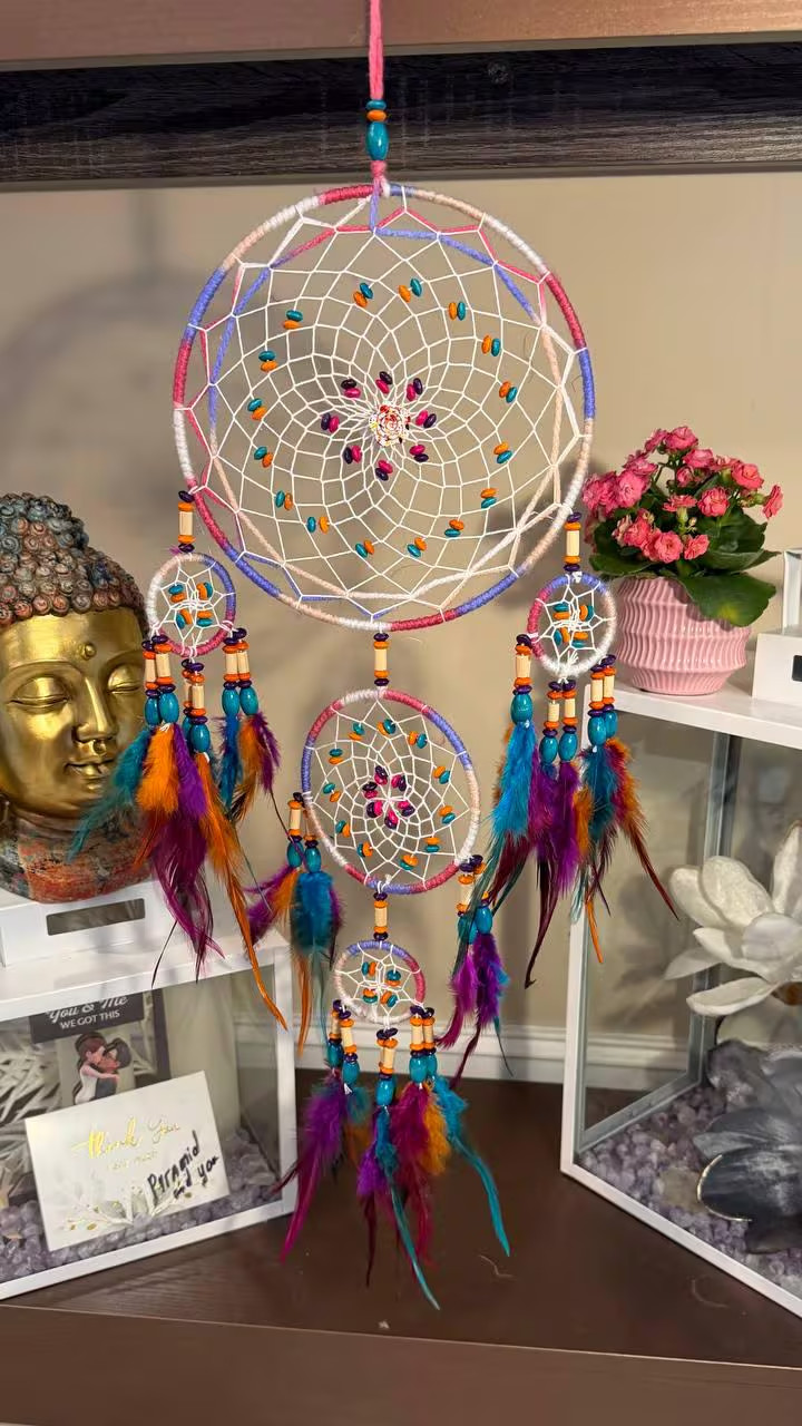 Handmade Rainbow Feather Dreamcatcher with Rose Accent – Boho Nursery Wall Art