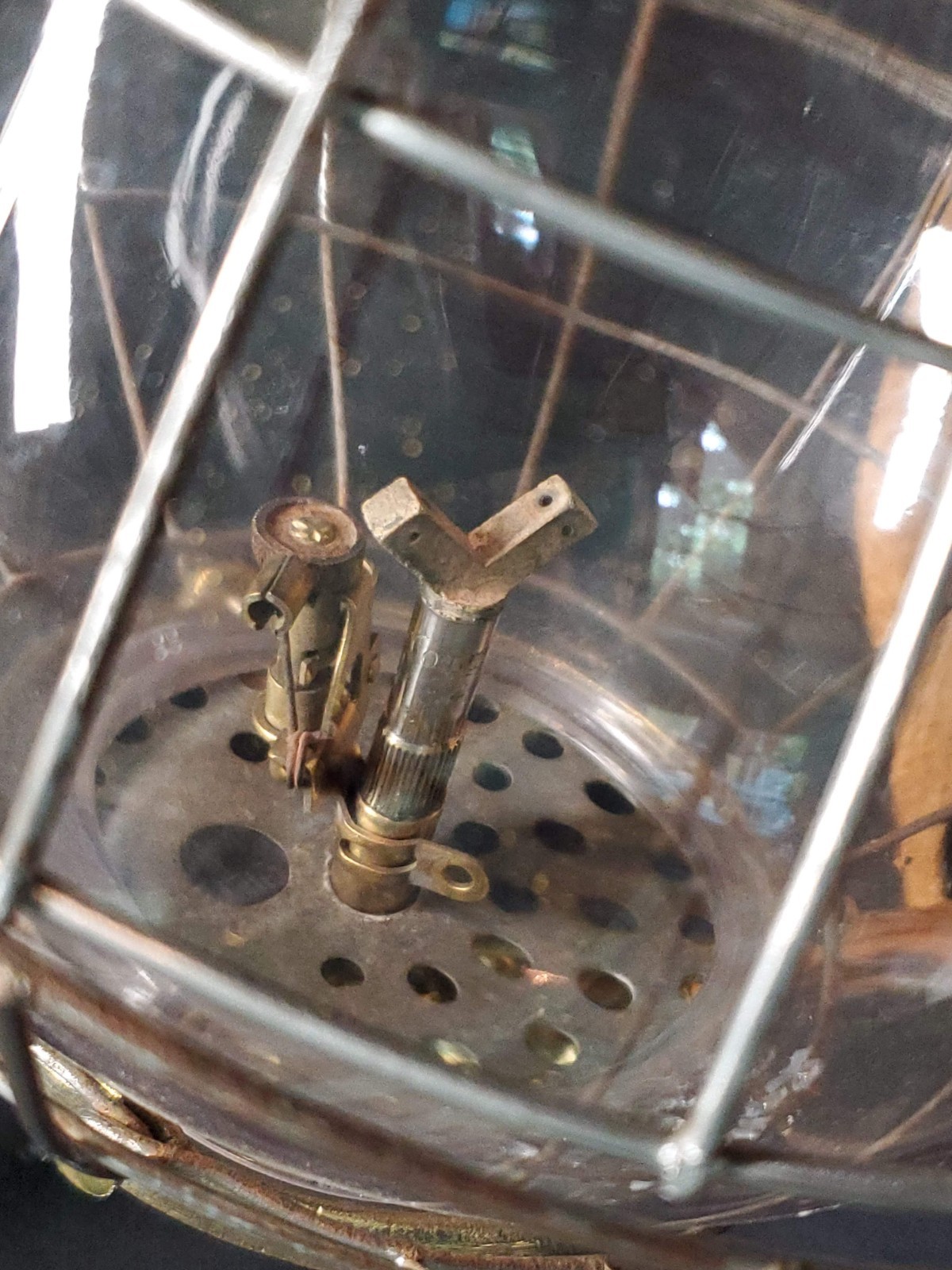 JB Colt Acetylene Gas Lamp Antique Fixture Brass Fittings Wire Cage Glass Globe