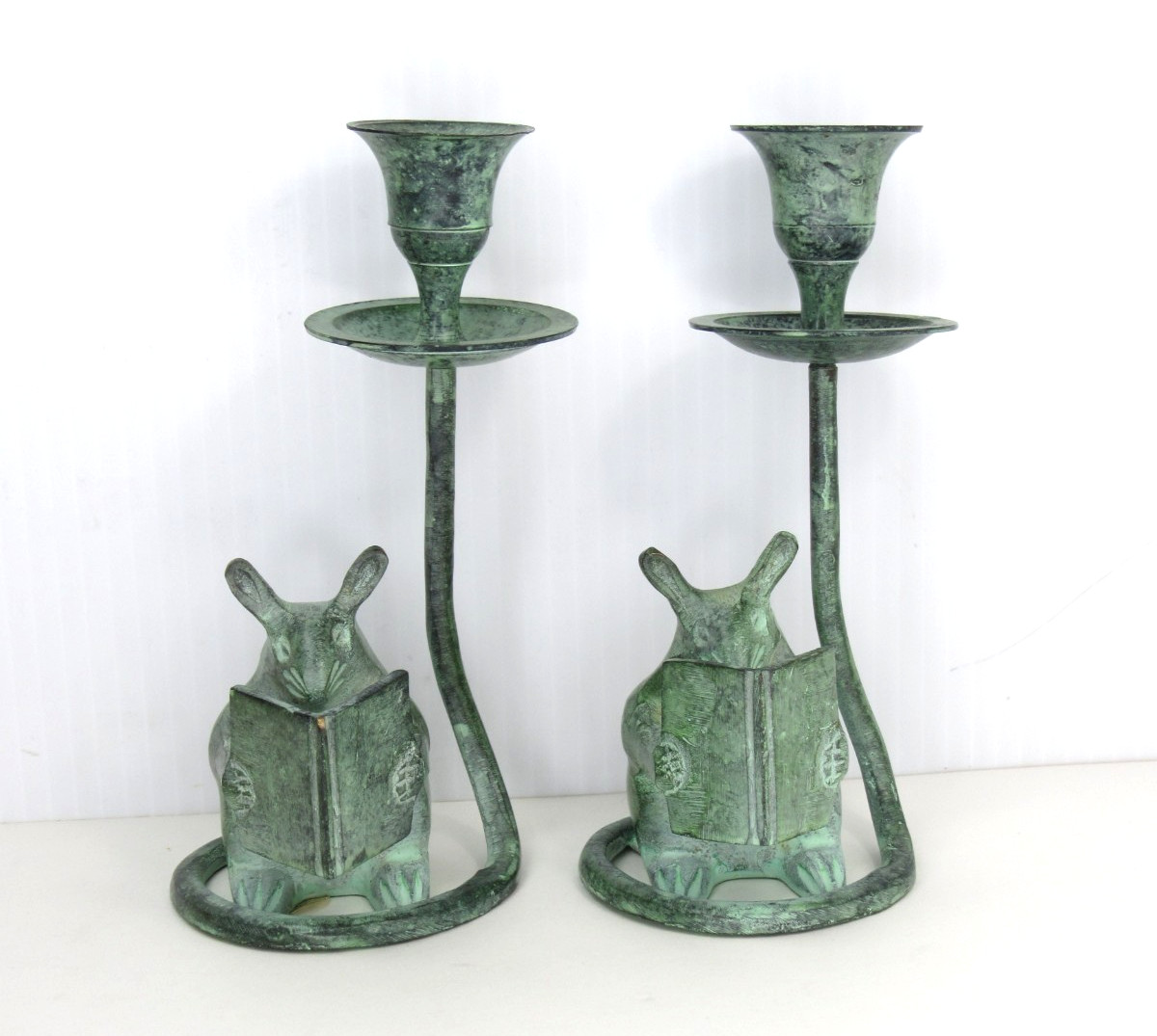 RARE Vtg Bronze Mouse Read Book Candlestick Holder Archana Green Oxidized Patina