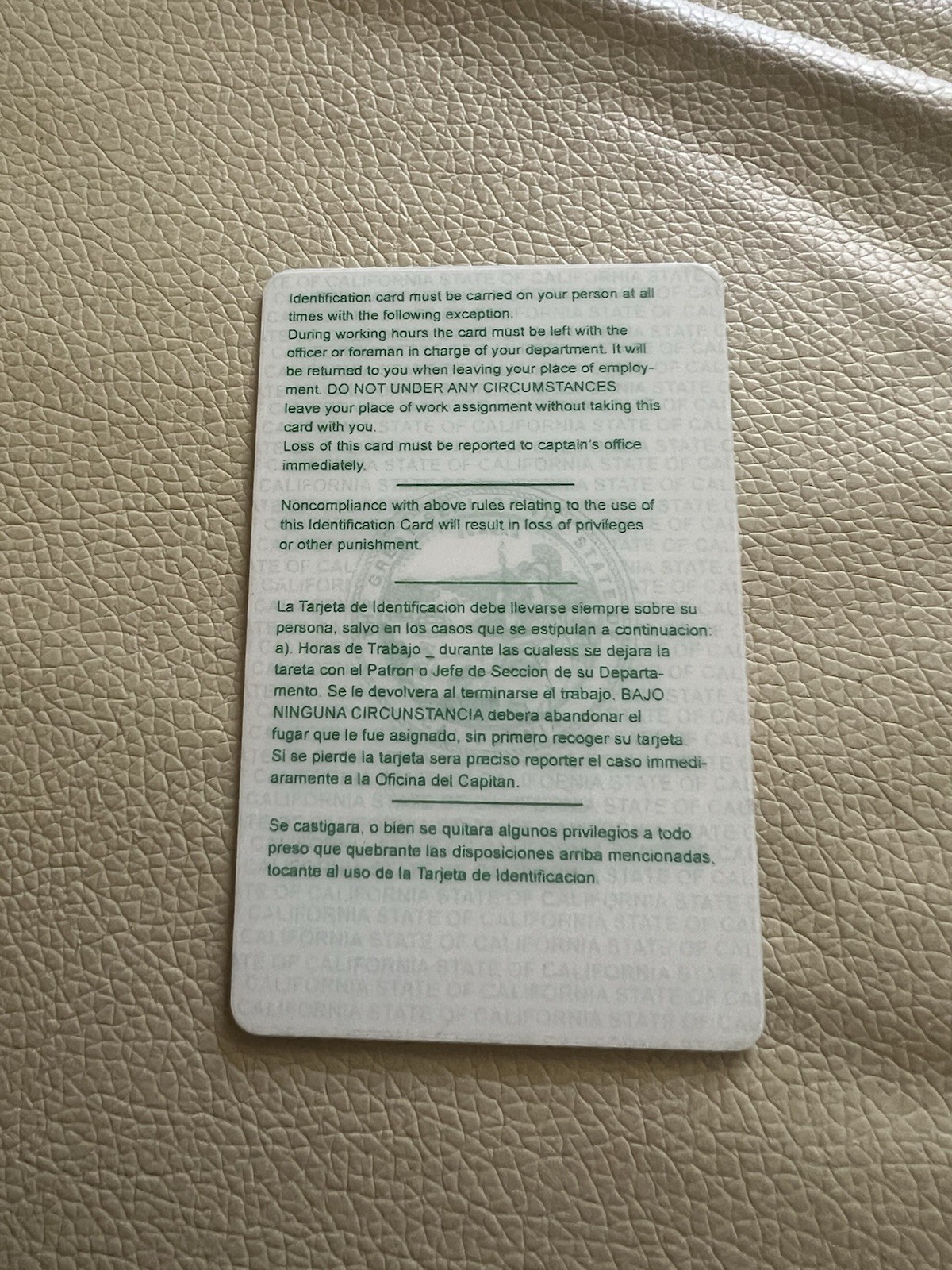 California State Prison DOC Authentic Inmate Issued Used ID Card
