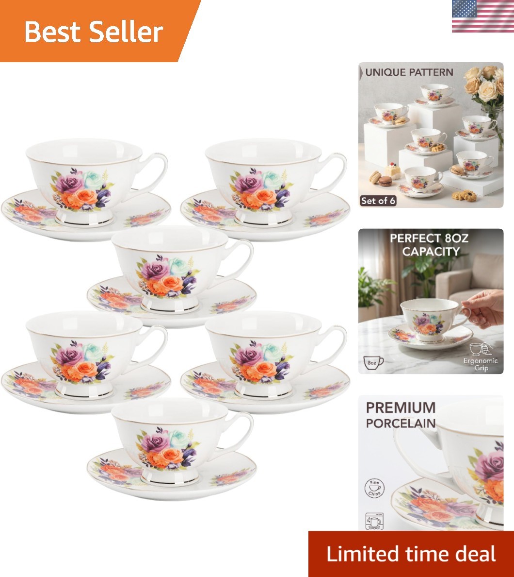 BTaT- Floral Tea Cups and Saucers, 8 oz, Fine Porcelain Teacup Set with Gold …