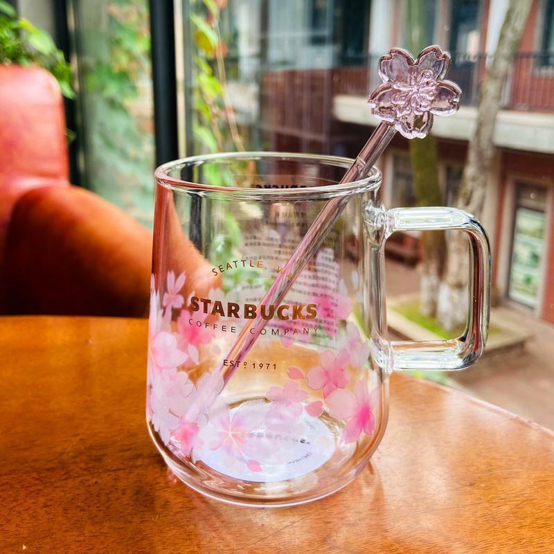 2023 Starbucks Pink Sakura & Purple Cherry Glass Coffee Mug Cup w/Stick