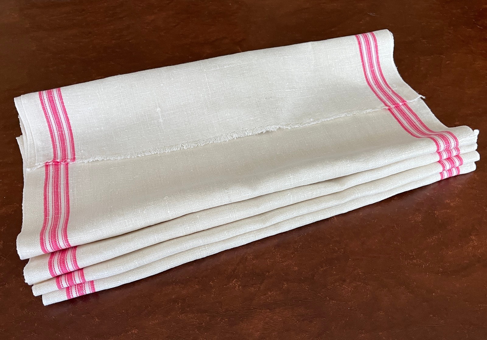 Vintage French Flax Linen TOWELING Red & Pink Stripe Towel Fabric 3.66 Yards