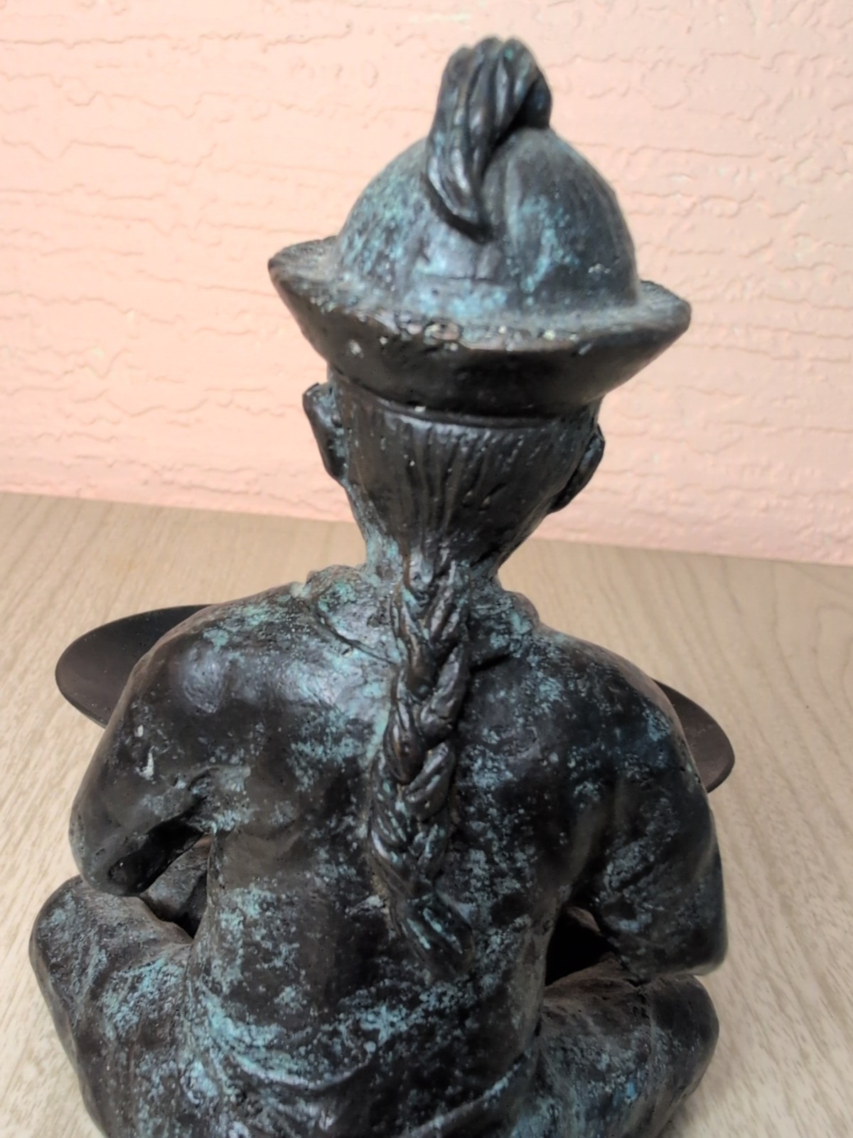 Vintage bronze Oriental Man figure with tray patina trinket dish Coins Keys