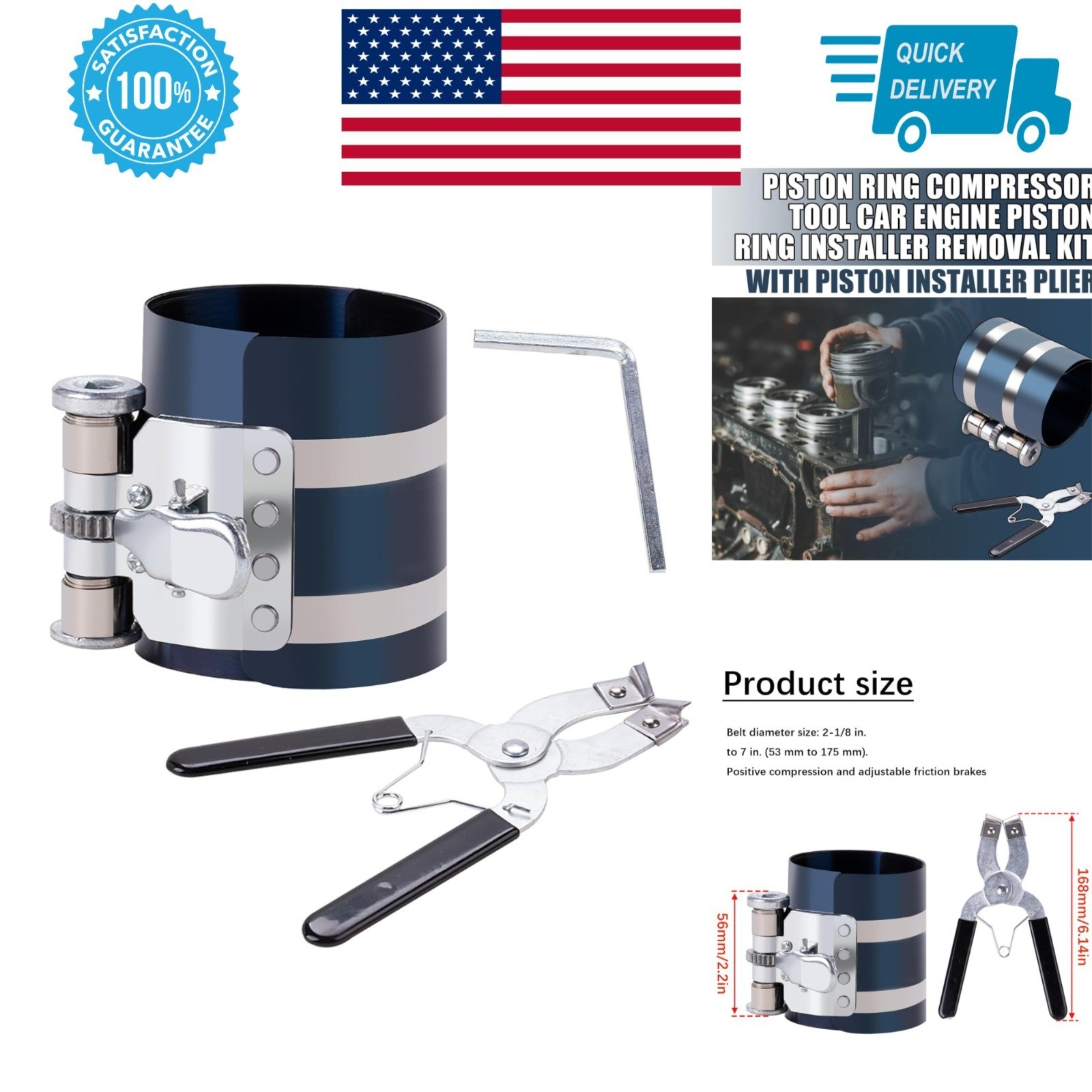 Piston Ring Compressor Tool Kit Adjustable 2-1/8″ to 7″ with Plier