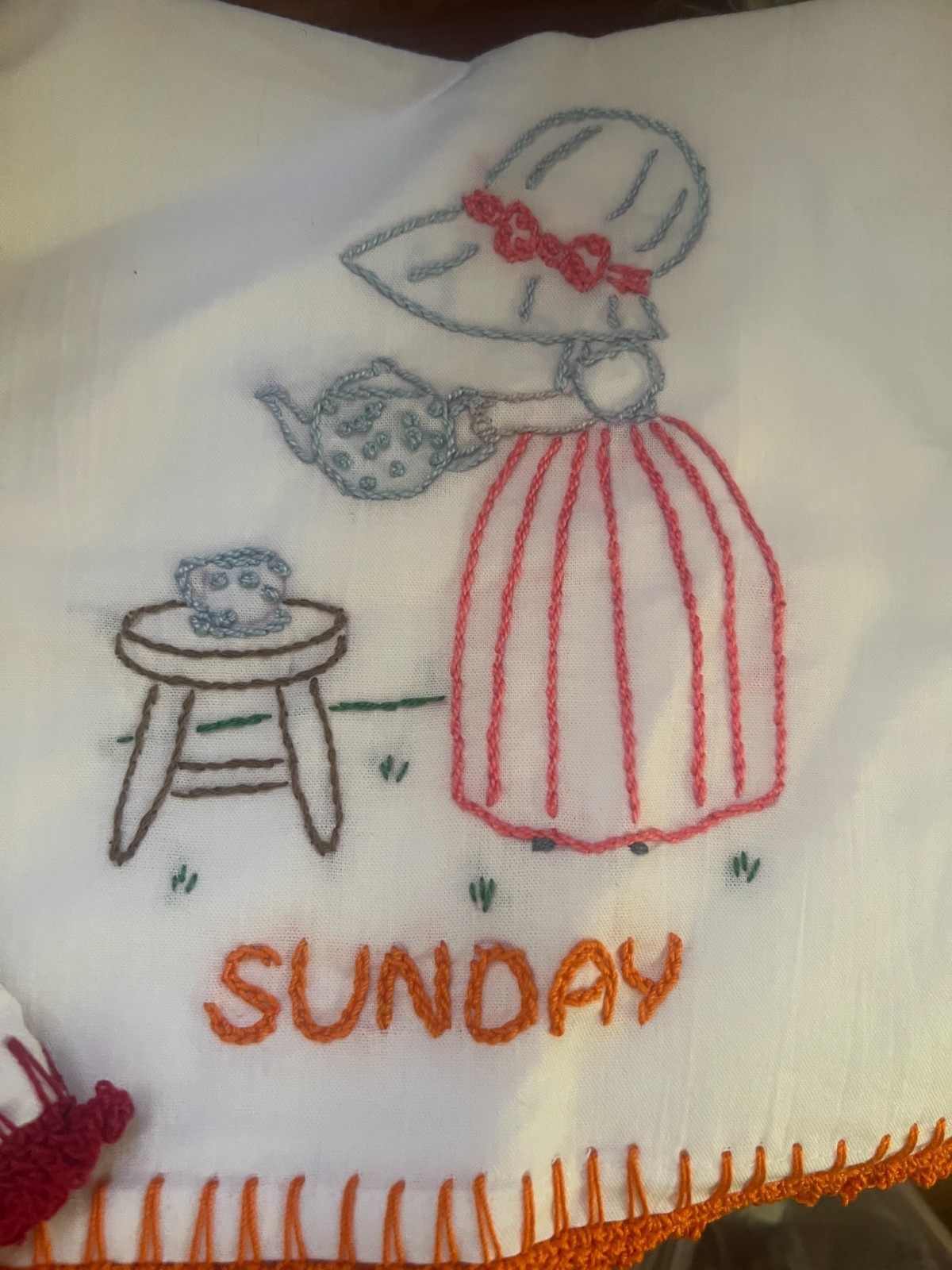 Set of 7 Days of the Week Prairie Theme Flour Sack Towels hand Embroidered +Trim
